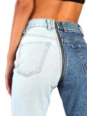 REVICE Two-Tone Light Blue and Dark Blue Ankle Jeans with Back Zip